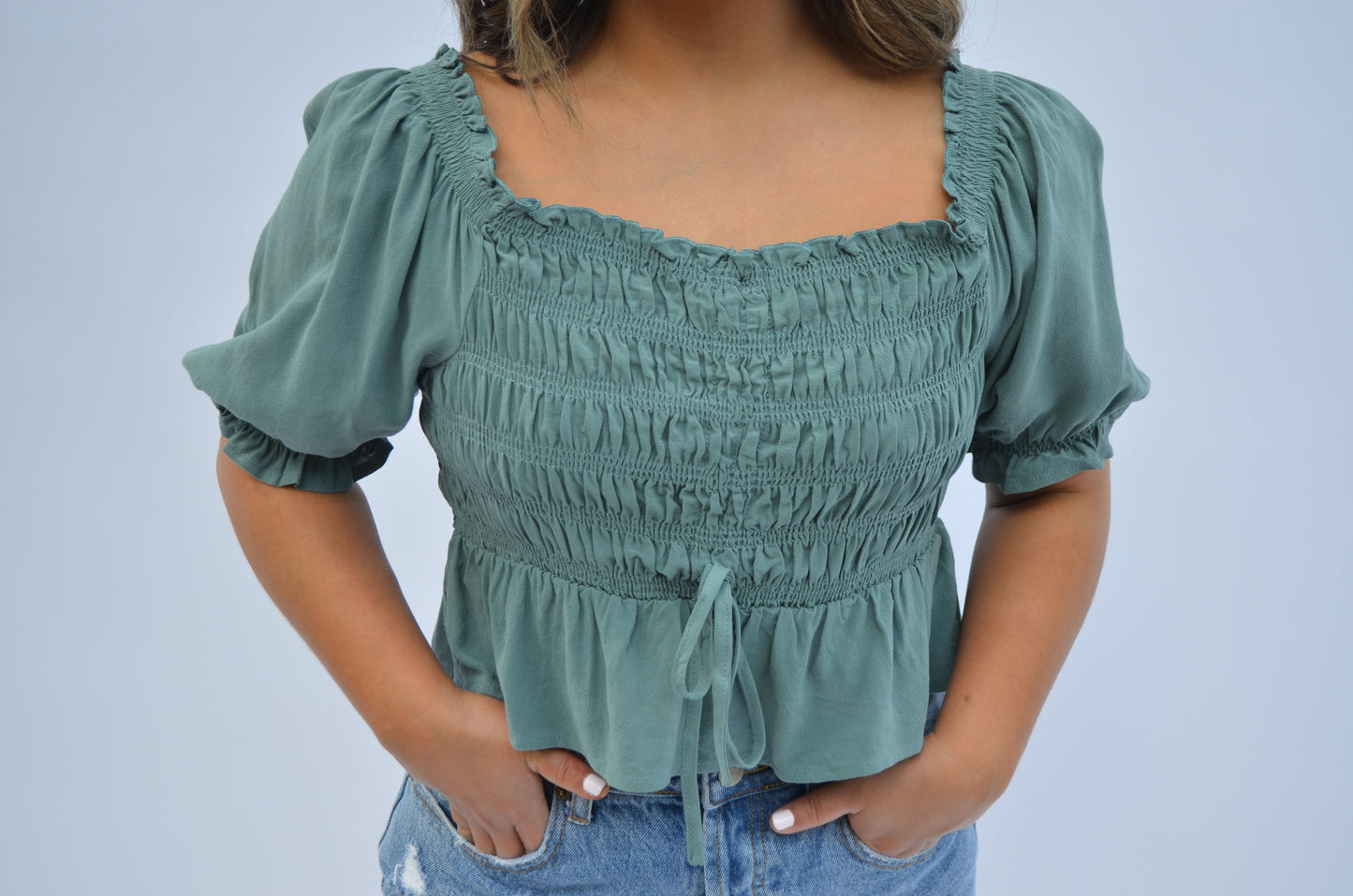 Ruched Crop Top with Puff Sleeve